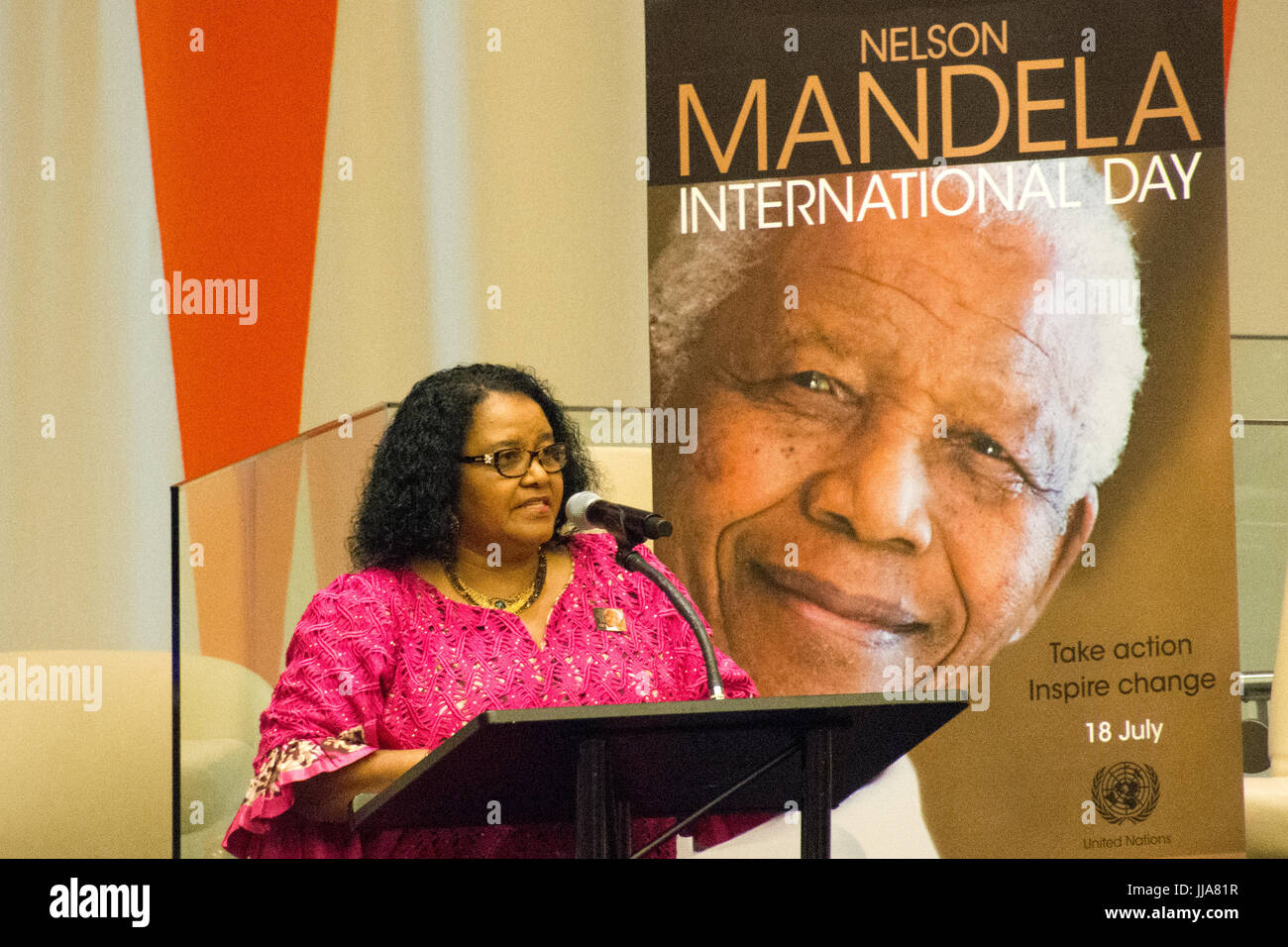 New York, USA, 18th July, 2017. South Africa's Minister of Environment Edna Molewa speaks at the UN celebration of Nelson Mandela International Day at its headquarters in Manhattan. Credit: M. Stan Reaves/Alamy Live News Stock Photo