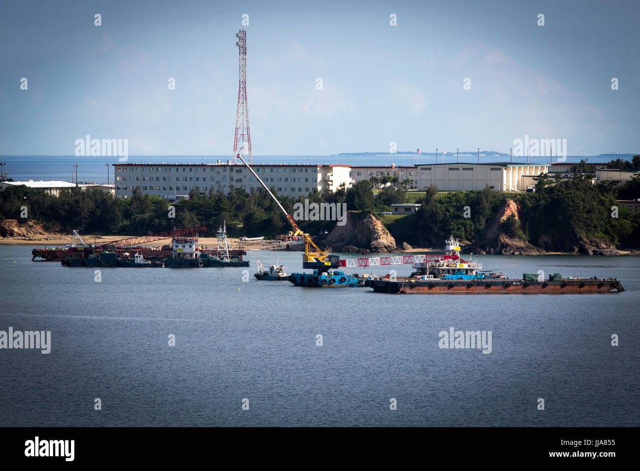 OKINAWA, JAPAN - JULY 13: A view of the new U.S Marine Airbase construction site is seen on July 13, 2017 in Oura bay, Henoko, Nago, Okinawa prefecture, Japan. Over the next five years, a new facility will be built in the waters off the coast from Camp Schwab as part of the relocation of the Futenma Air Station to the Henoko area on the island of Okinawa. Credit: Richard Atrero de Guzman/AFLO/Alamy Live News Stock Photo