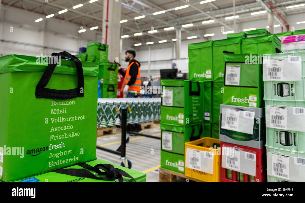 Transport bags ready for delivery at the depot of grocery delivery service  Amazon Fresh in Berlin, Germany, 18 July 2017. Amazon Fresh started in  Berlin and Potsdam in early May, with a
