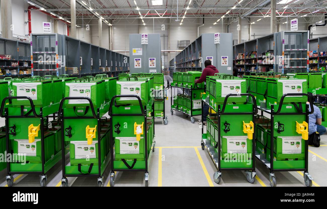 Transport bags at the depot of grocery delivery service Amazon Fresh in  Berlin, Germany, 18 July 2017. Amazon Fresh started in Berlin and Potsdam  in early May, with a range of around