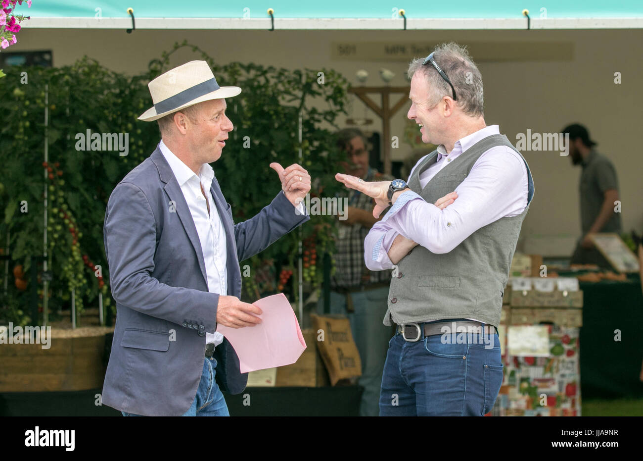 RHS Tatton Park Flower Show, Knutsford, Cheshire. 19th July 2017. Famous celebrity gardeners 'Joe Swift' & 'Toby Buckland' spotted as the gates open on this years floral masterclass at the Royal Horticultural Society's Tatton Park Flower Show 2017. Keen gardeners can immerse themselves in the beauty, fragrance and colour of the Floral Marquee & Plant Village. A new addition to the spectacular gardens on display is the 'Butterfly Dome' where guests can wander through the tropical paradise filled with exotic butterflies. Credit: Cernan Elias/Alamy Live News Stock Photo