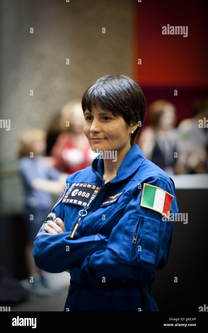 June 1, 2017 - London, UK - INTO THE UNKNOWN.Italian European Space Agency Astronaut Samantha Cristoforetti at the opening of the exhibit. . A genre-defining exploration of one of popular cultureâ€™s most celebrated realms.  Taking place all over the Centre, it encompasses literature, contemporary art installations, film, music, comic books and video games to present a new, global perspective on Science Fiction. From mysterious lands of Jules Verne to Soviet visions of space,  robots, iconic spacesuits from a galaxy of blockbusters including Star Trek and Interstellar. Curated by historian and Stock Photo