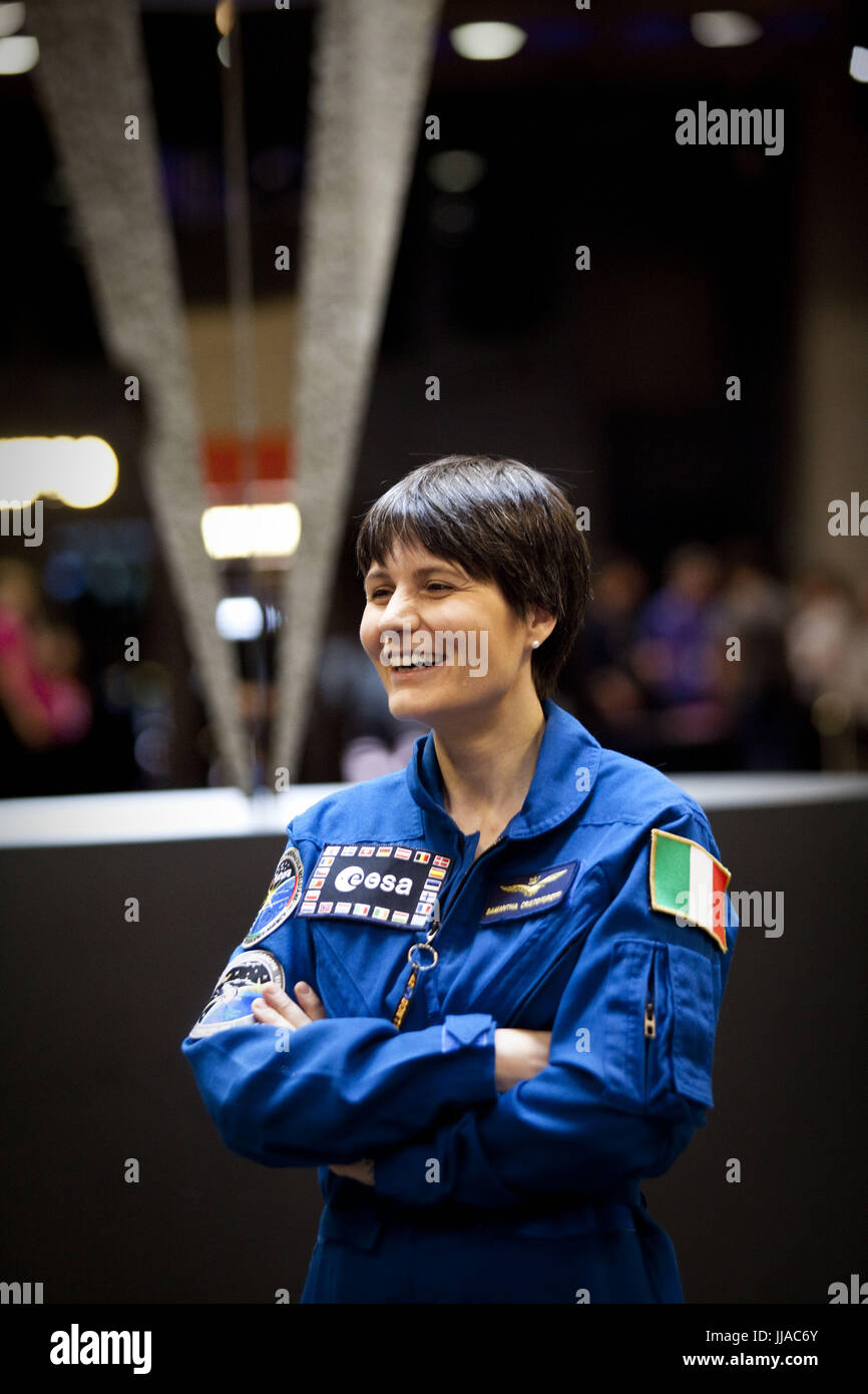 June 1, 2017 - London, UK - INTO THE UNKNOWN.Italian European Space Agency Astronaut Samantha Cristoforetti at the opening of the exhibit. . A genre-defining exploration of one of popular cultureâ€™s most celebrated realms.  Taking place all over the Centre, it encompasses literature, contemporary art installations, film, music, comic books and video games to present a new, global perspective on Science Fiction. From mysterious lands of Jules Verne to Soviet visions of space,  robots, iconic spacesuits from a galaxy of blockbusters including Star Trek and Interstellar. Curated by historian and Stock Photo