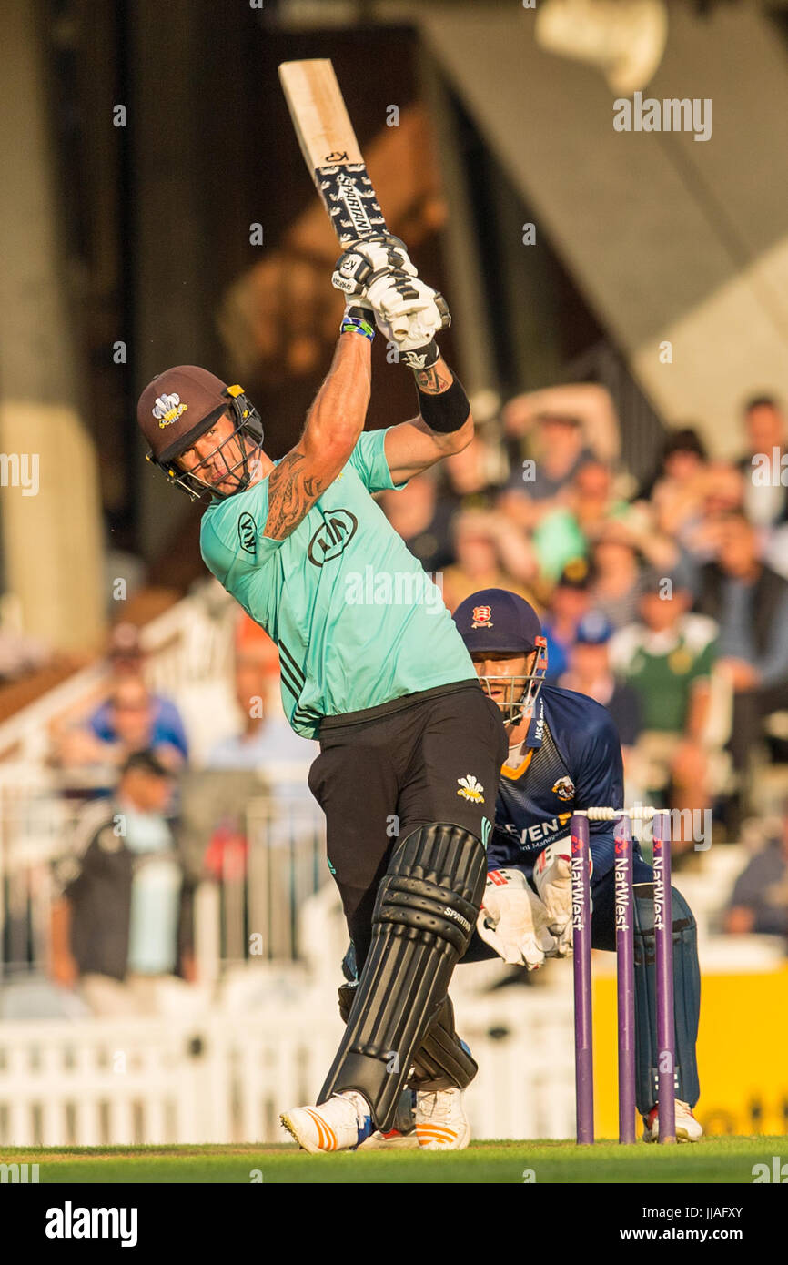 London, UK. 19th July, 2017. Kevin Pietersen hits a six batting for Surrey against Essex in the NatWest T20 Blast match at the Kia Oval. Credit: David Rowe/Alamy Live News Stock Photo