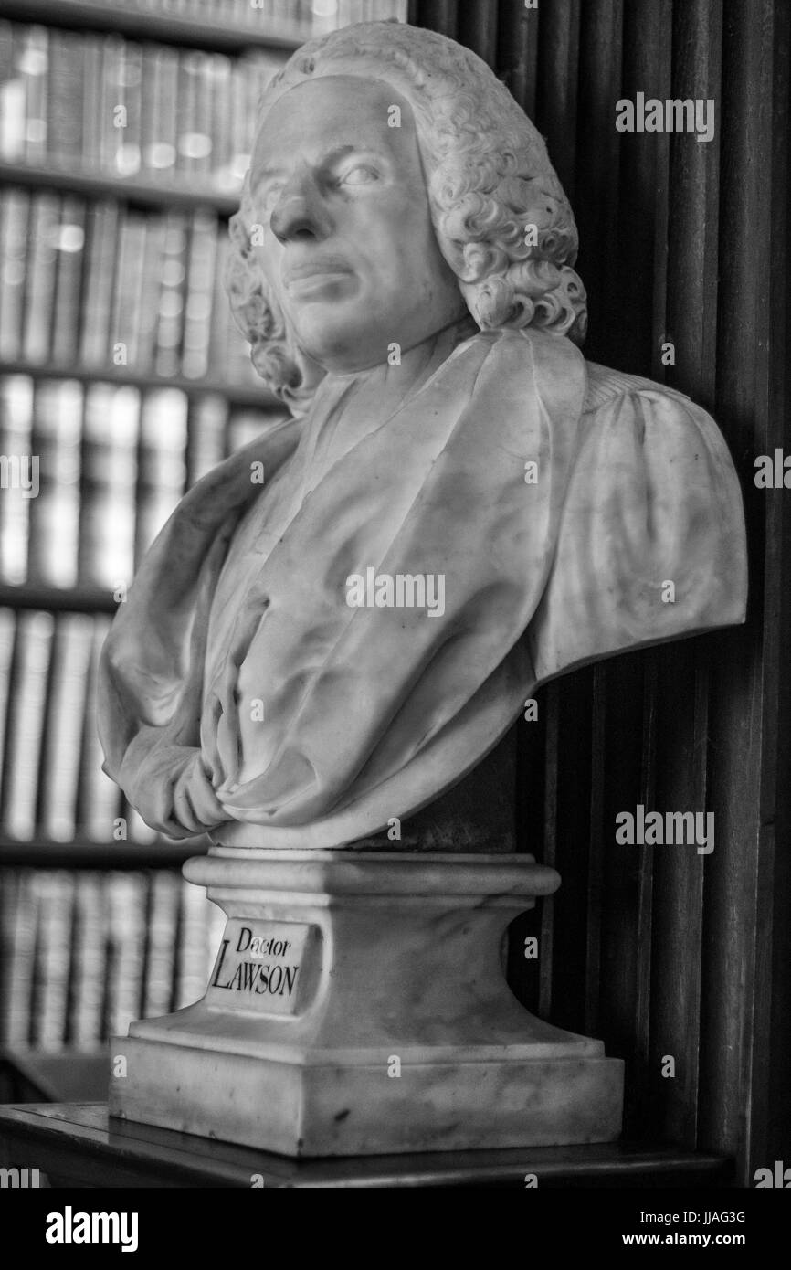 Doctor Lawson bust in the Long Room in Trinity College Dublin Ireland. Book of Kells. Stock Photo
