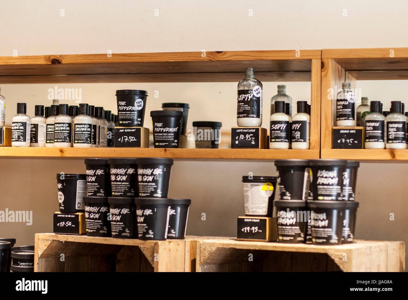 Shop counters display in Lush, Dublin soaps, bubble bath, bath bombs