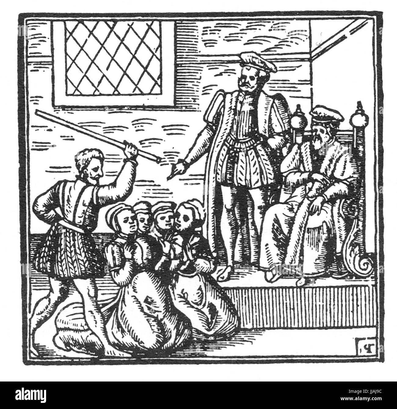 NORTH BEWICK WITCH TRIALS 1590-1592. King James VI of Scotland examines some of the accused. Woodcut in his Daemonologie published in 1597
