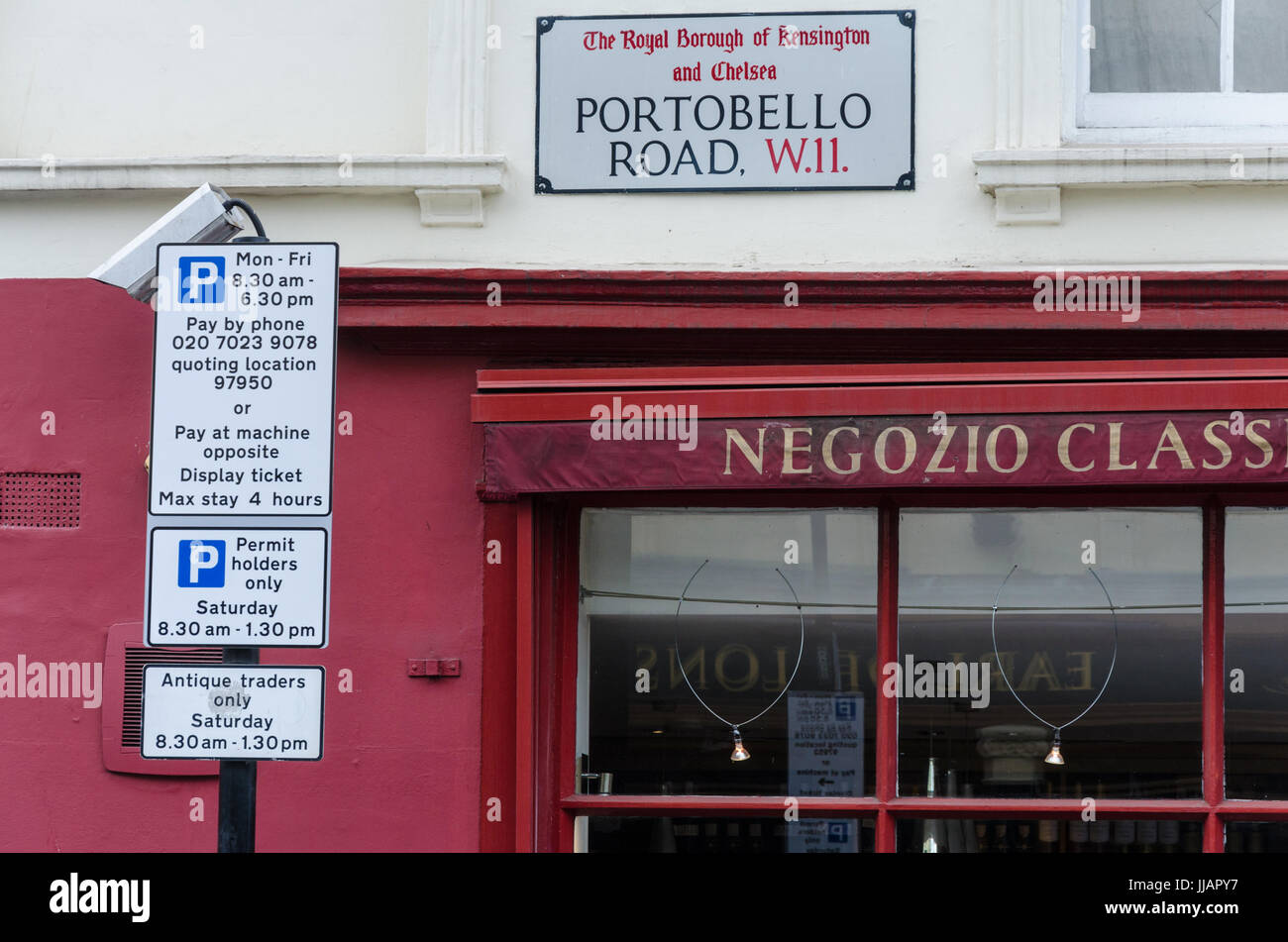 Parking restrictions on Portobello Road in Notting HIll, London Stock