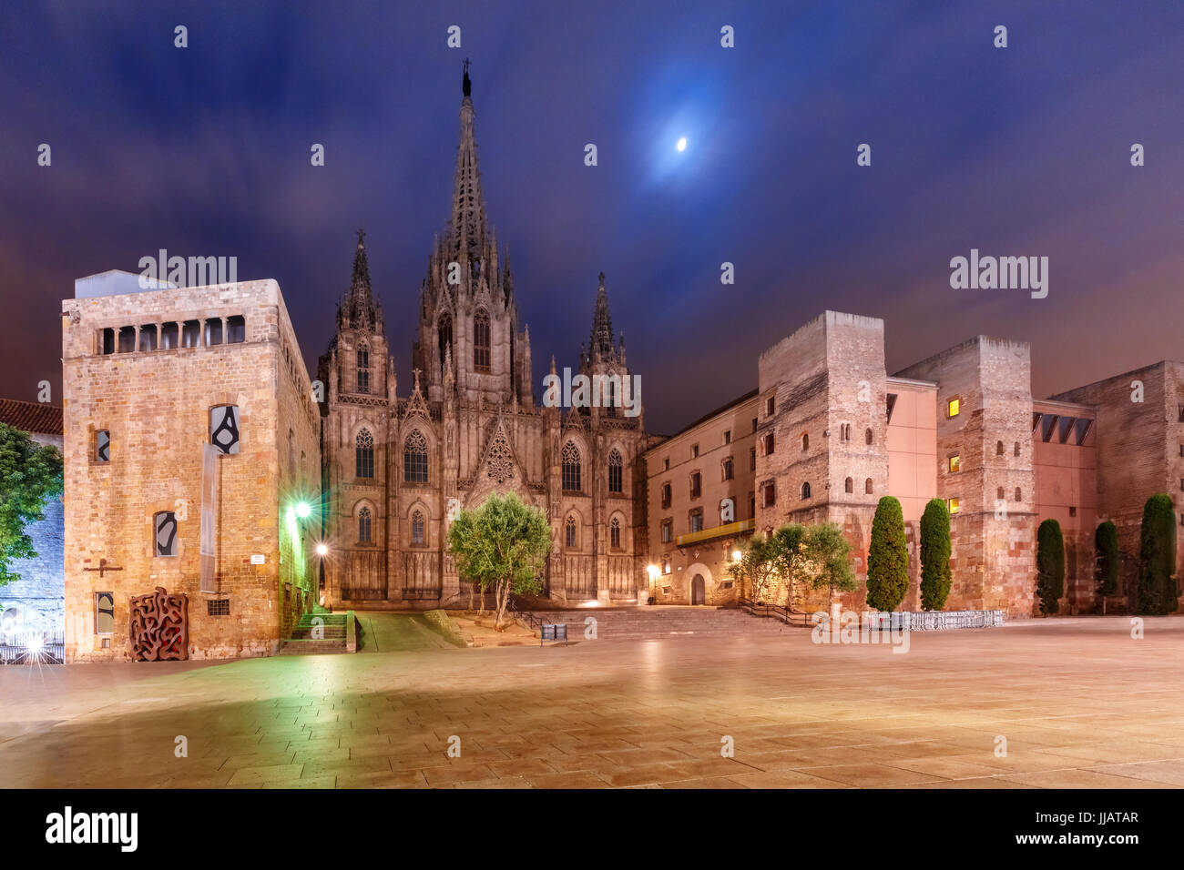 Barcelona Cathedral in the moonlit night, Spain Stock Photo