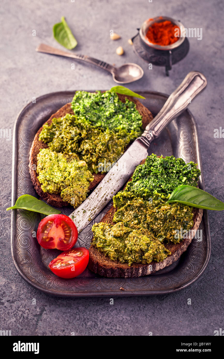 Rye bread with fresh pesto  Stock Photo