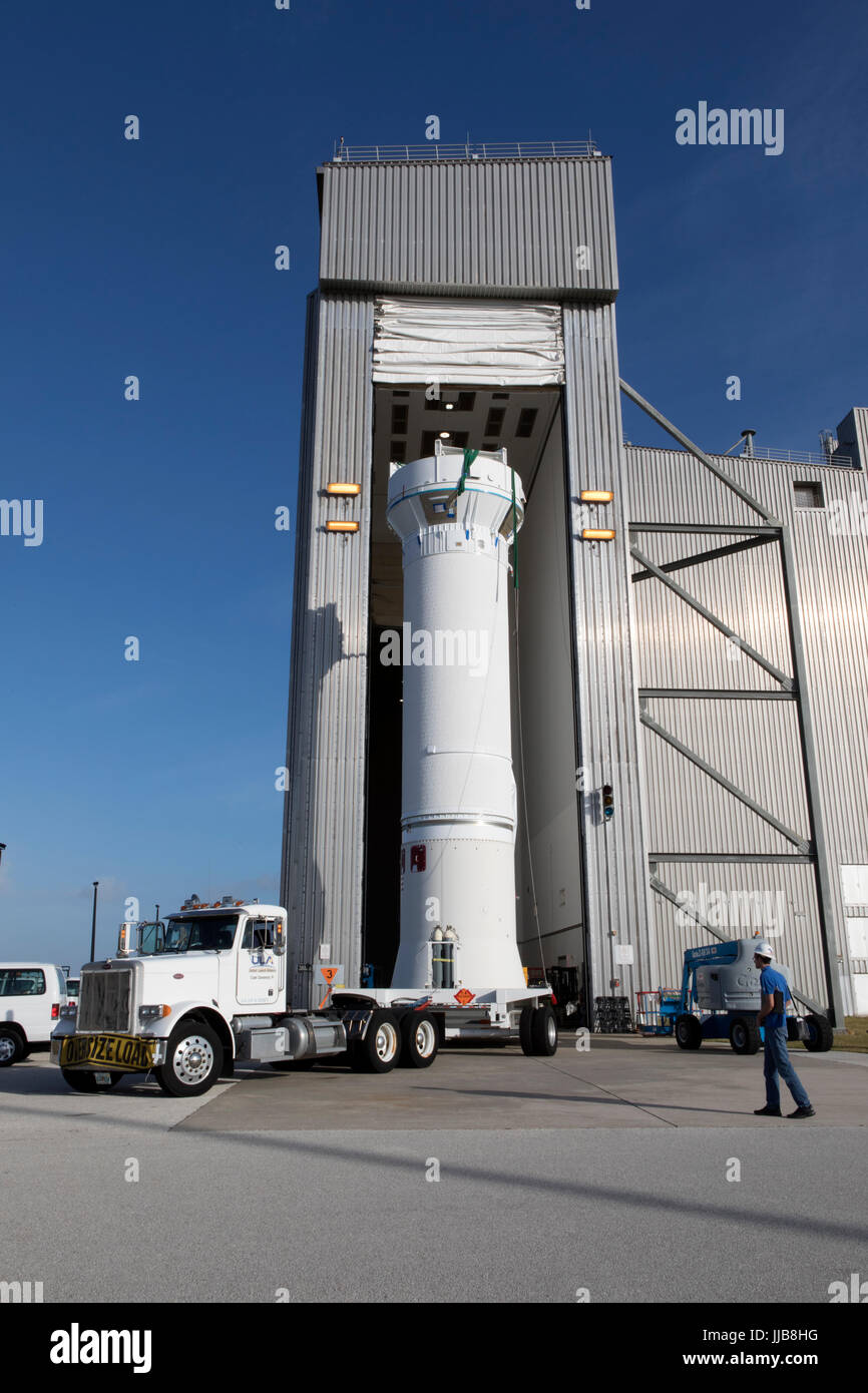The United Launch Alliance Centaur upper stage leaves the Delta Operations Center to be transported to an Atlas V booster rocket at the Cape Canaveral Air Force Station Vehicle Integration Facility to travel to the launch complex July 13, 2017 in Cape Canaveral, Florida. The rocket is scheduled to launch the Tracking and Data Relay Satellite, TDRS-M in early August. Stock Photo