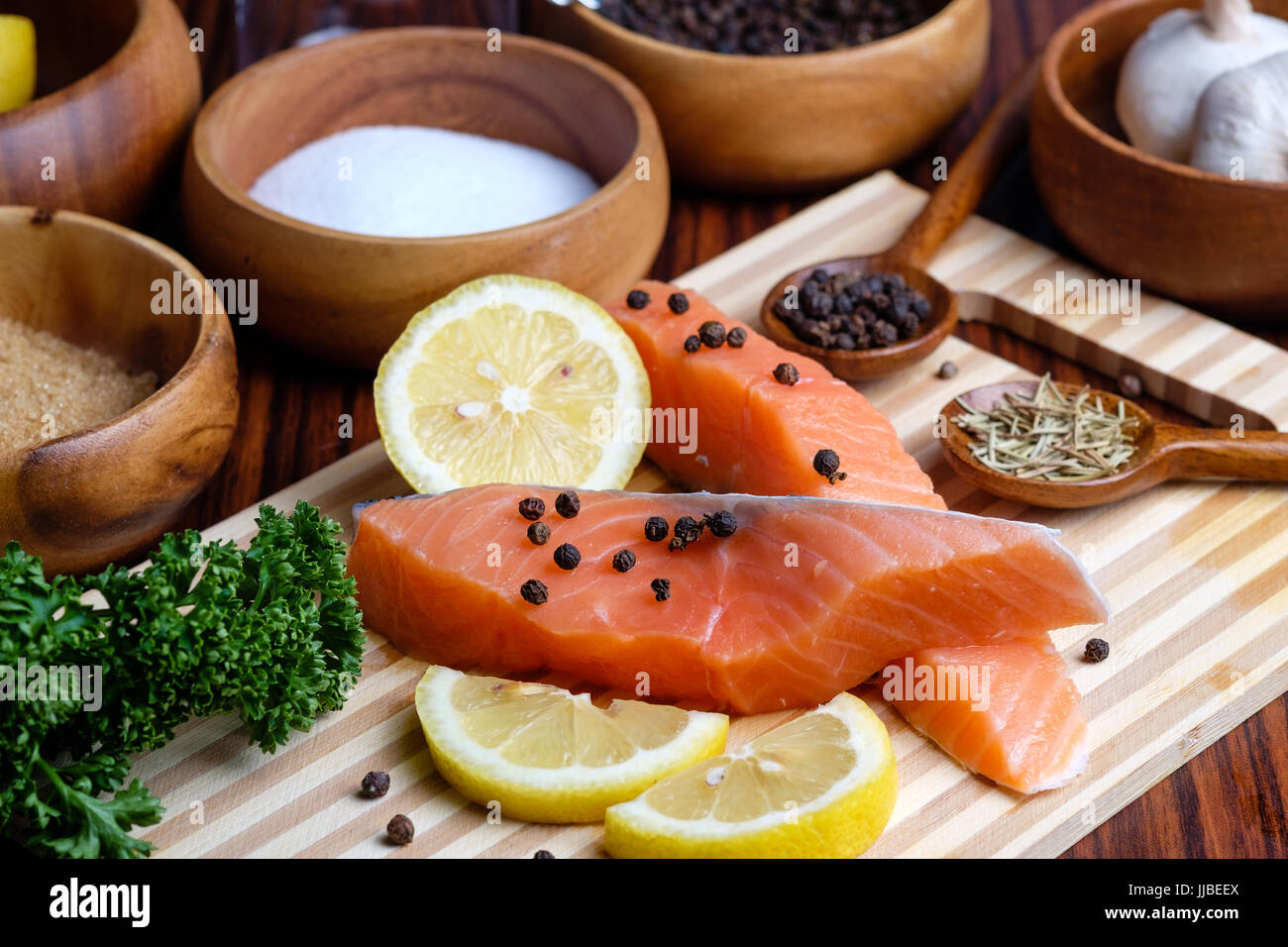 Salmon fillet with it's ingredients ready for cooking Stock Photo Alamy