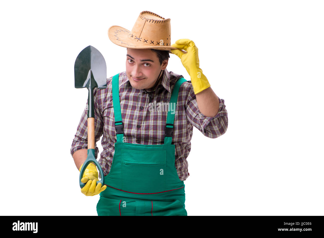 Young man gardener isolated on white Stock Photo - Alamy