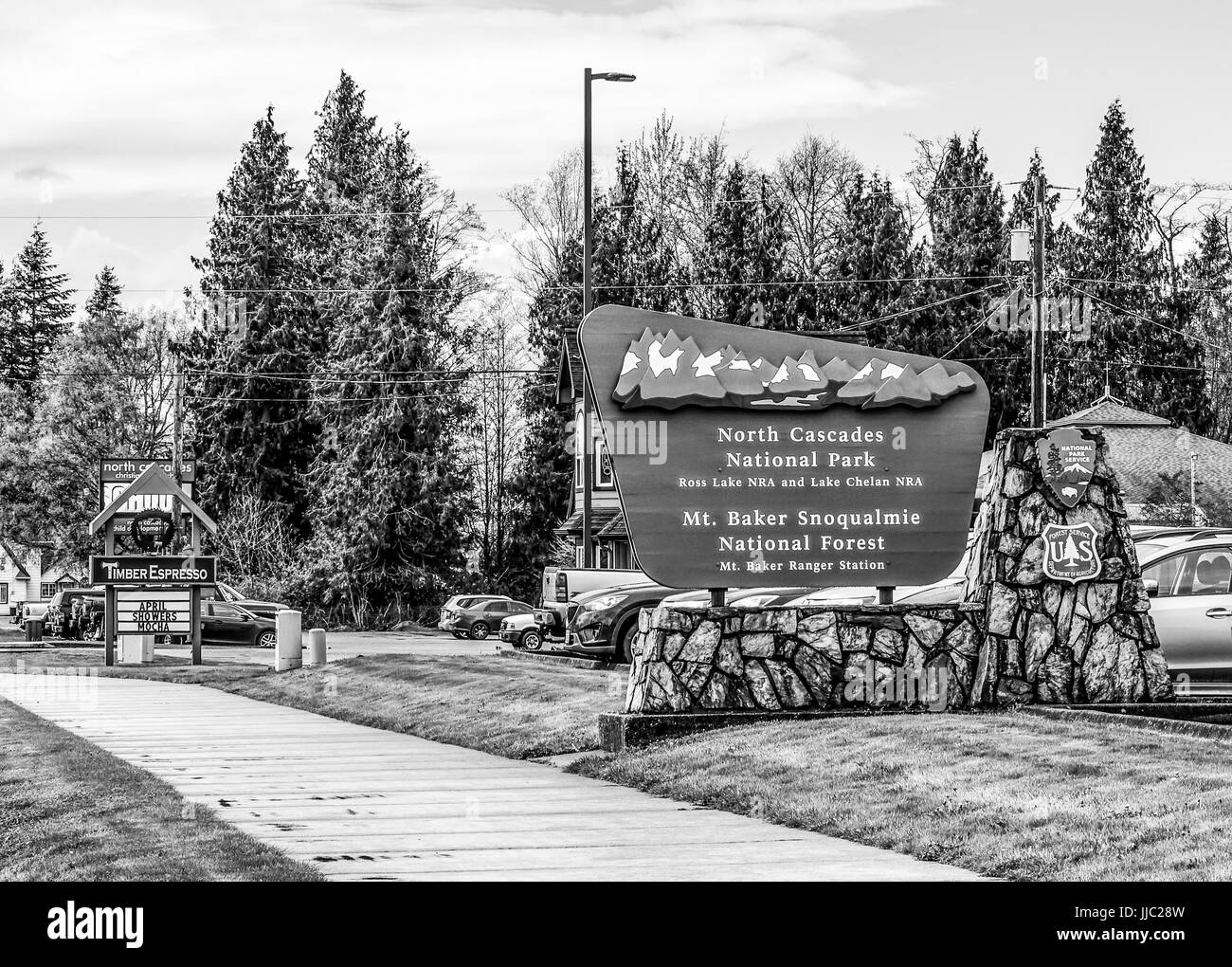 North Cascades National Park Welcome sign - NORTH CASCADES - WASHINGTON - APRIL 11, 2017 Stock Photo