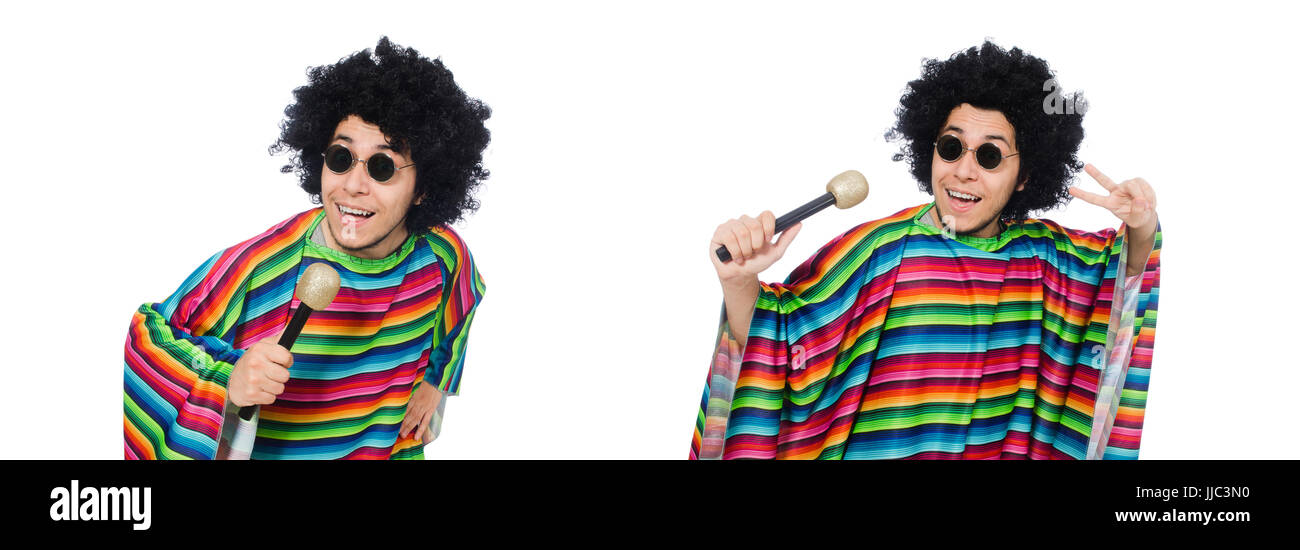 Funny mexican wearing poncho with maracas isolated on white Stock Photo