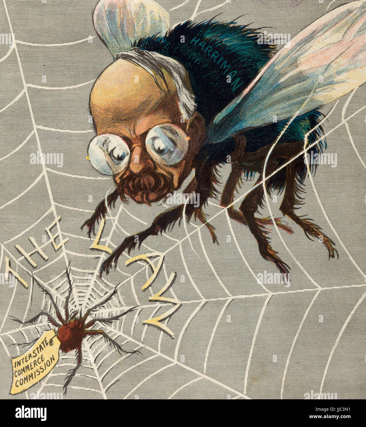 Will you walk into my Parlor, said the spider to the fly - Illustration shows a spider labeled 'Interstate Commerce Commission' on a its web labeled 'The Law' and a large fly labeled 'Harriman' that is caught in the web. Political cartoon, circa 1907 Stock Photo