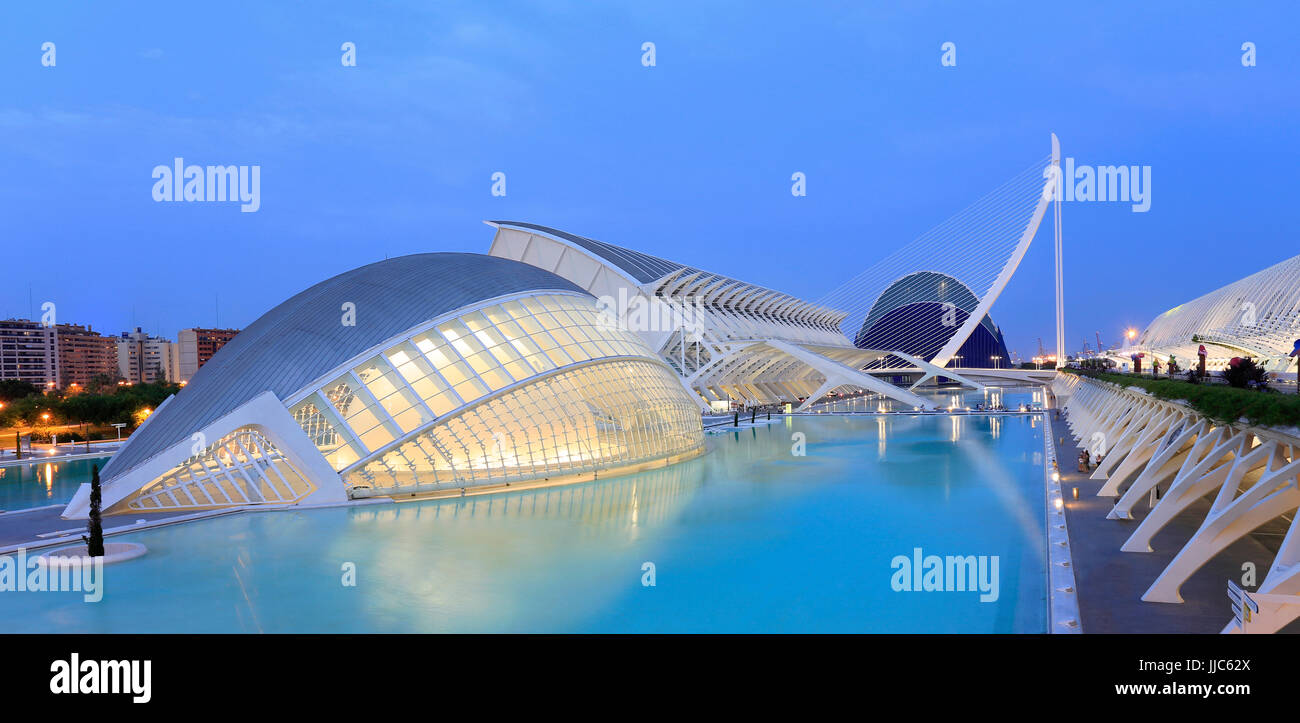 VALENCIA, SPAIN - JULY 23, 2017: Hemispheric building with reflections at dusk. The City of Arts and Sciences is an entertainment cultural complex. Stock Photo