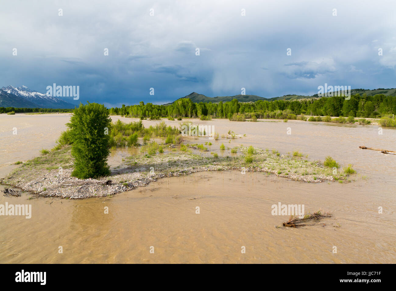 A massive spring snow melt runoff flooding the Snake River below the Teton Mountains after a record-setting snow level. Rendezvous Park, Wyoming Stock Photo
