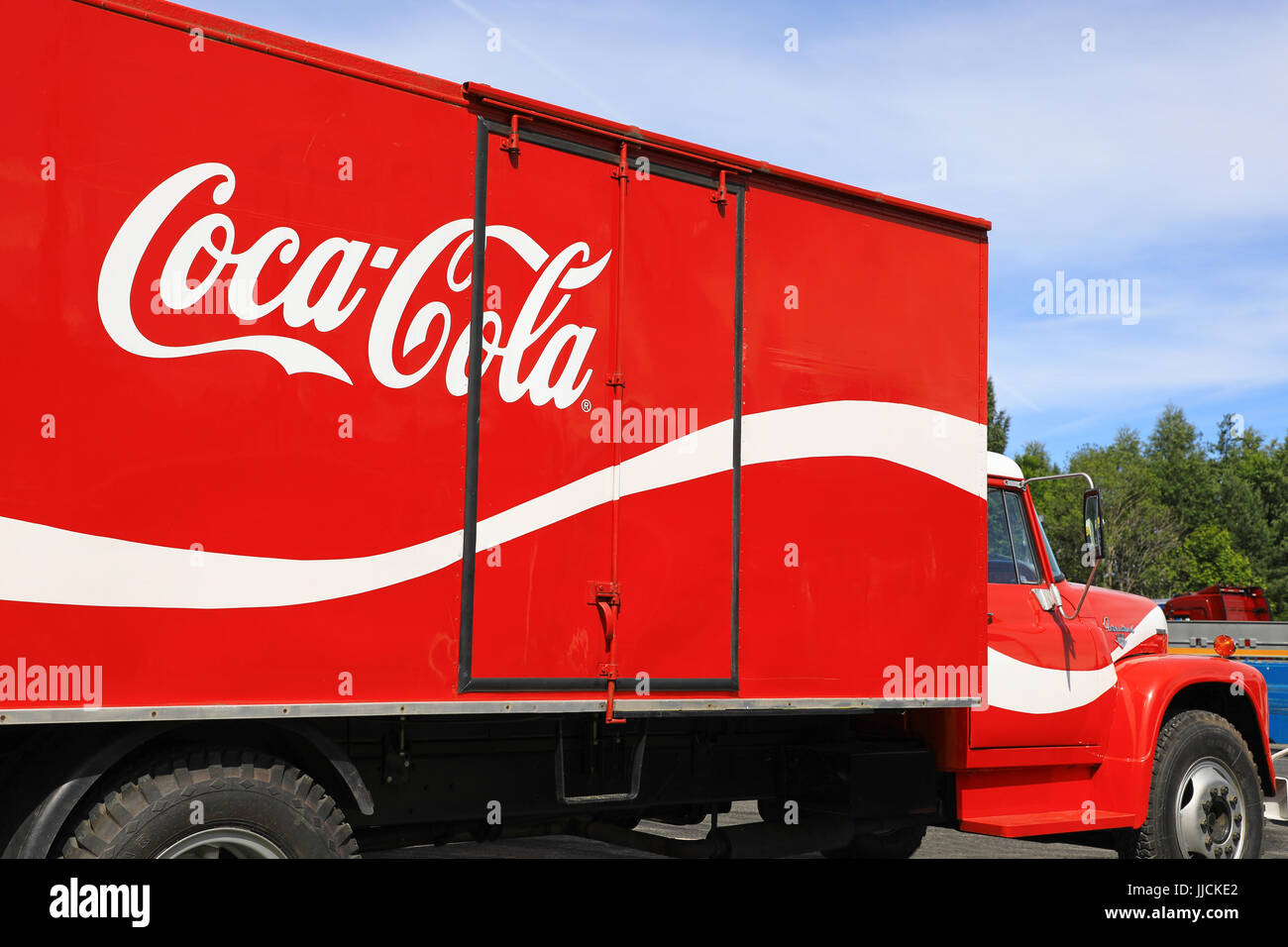 HAMEENLINNA, FINLAND - JULY 15, 2017: International Loadstar 1890 vintage Coca-Cola transport truck on display on Tawastia Truck Weekend 2017. Stock Photo