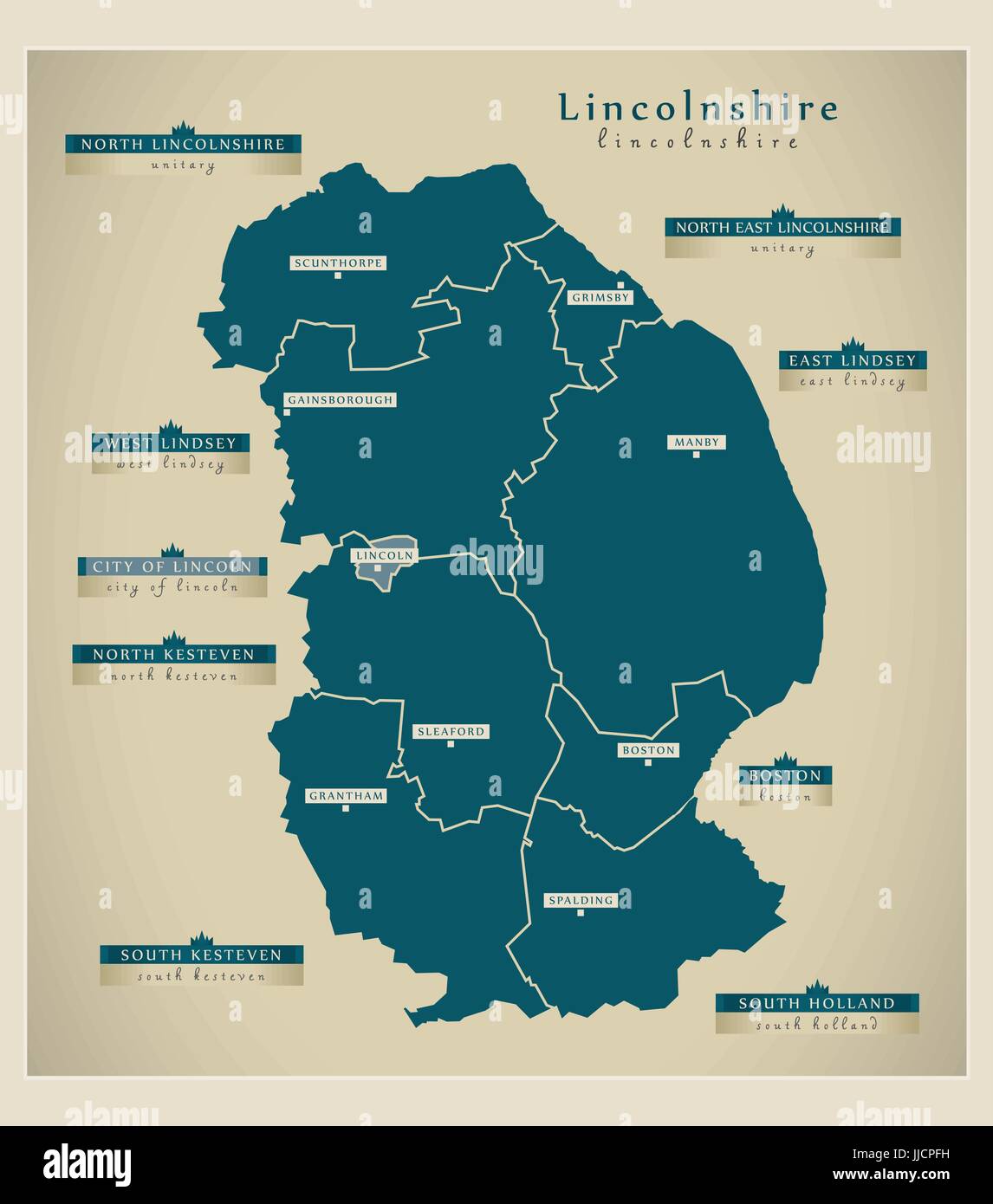 Modern Map Lincolnshire County With District Labels UK Illustration 
