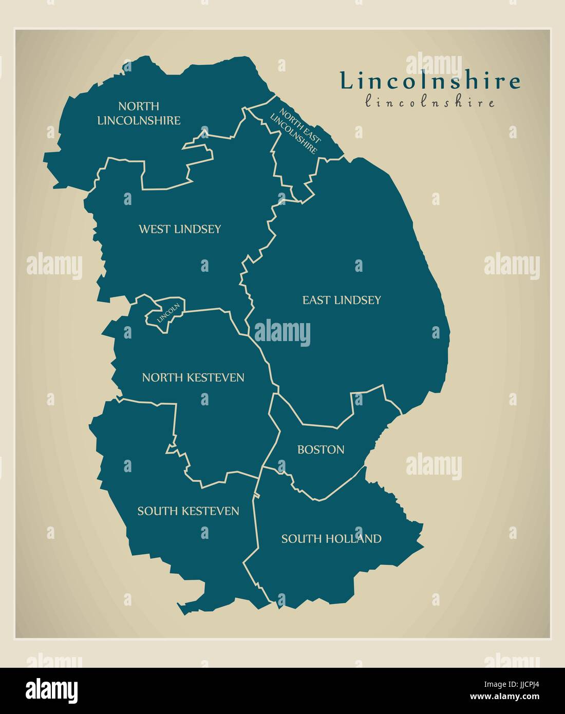 Modern Map Lincolnshire County With Detailed Captions UK Illustration 