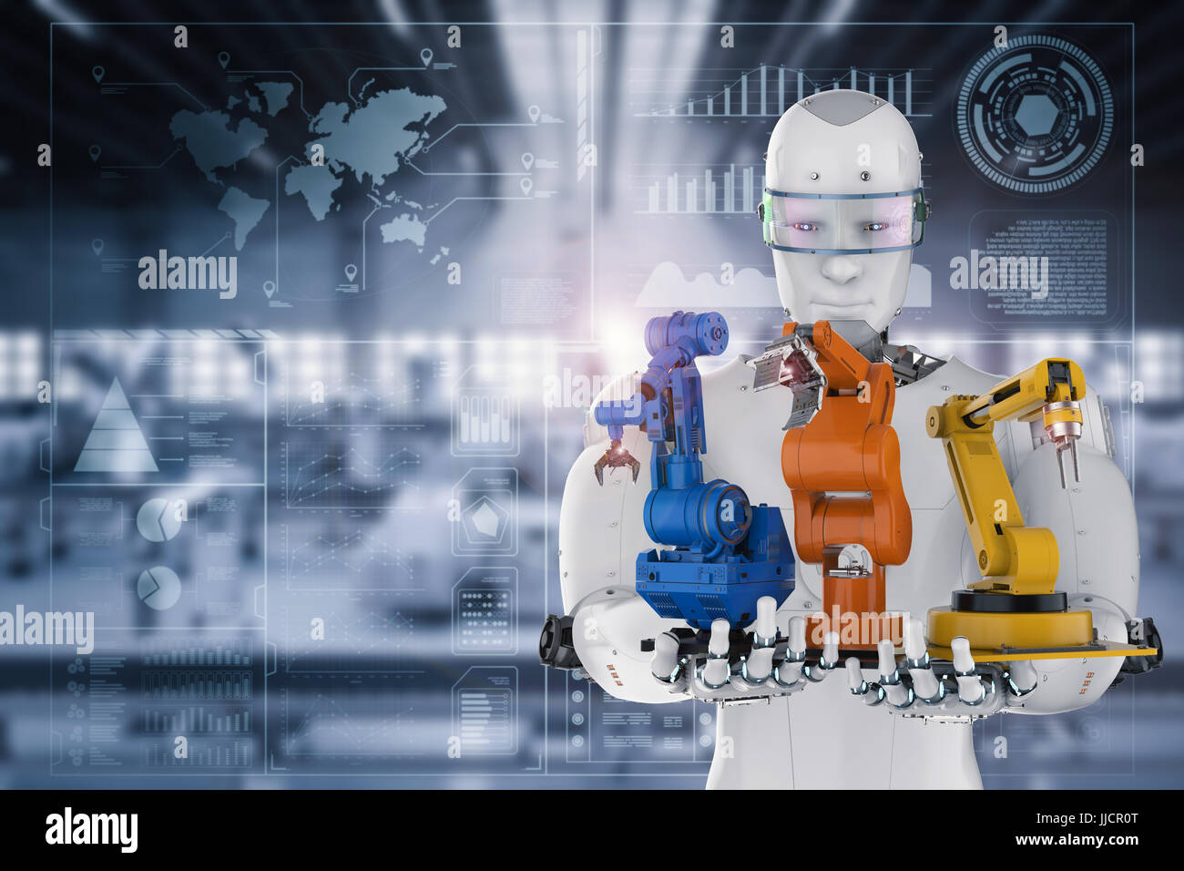 3d rendering cyborg holding three robot arms Stock Photo - Alamy