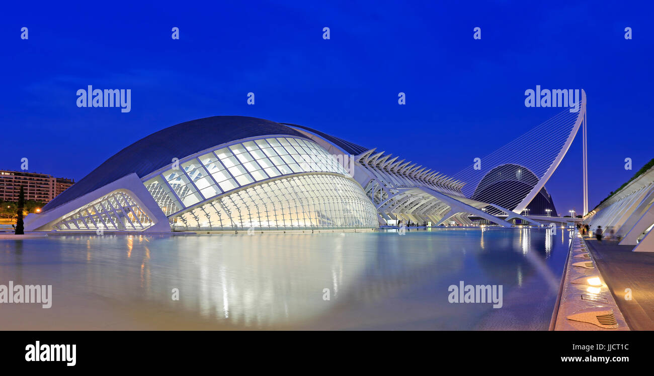 VALENCIA, SPAIN - JULY 23, 2017: Hemispheric building with reflections at dusk. The City of Arts and Sciences is an entertainment complex. Stock Photo