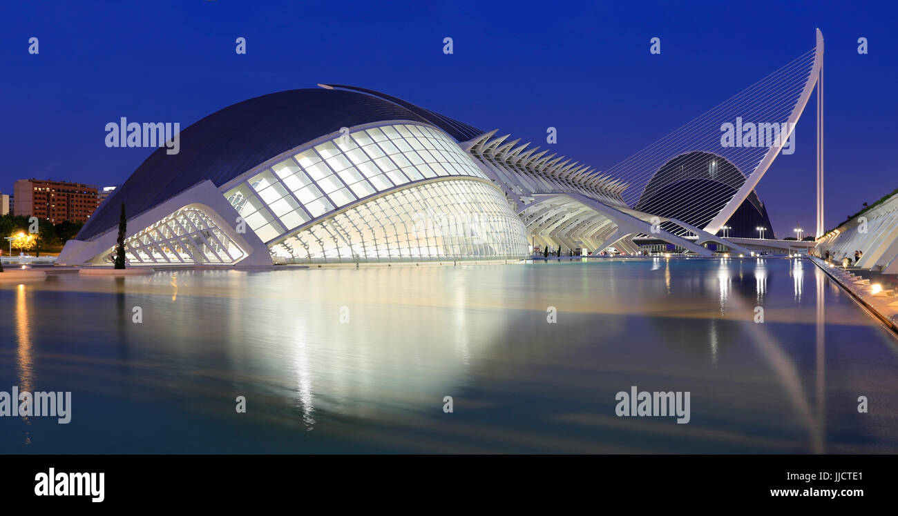 VALENCIA, SPAIN - JULY 23, 2017: Hemispheric building with reflections at dusk. The City of Arts and Sciences is an entertainment complex. Stock Photo