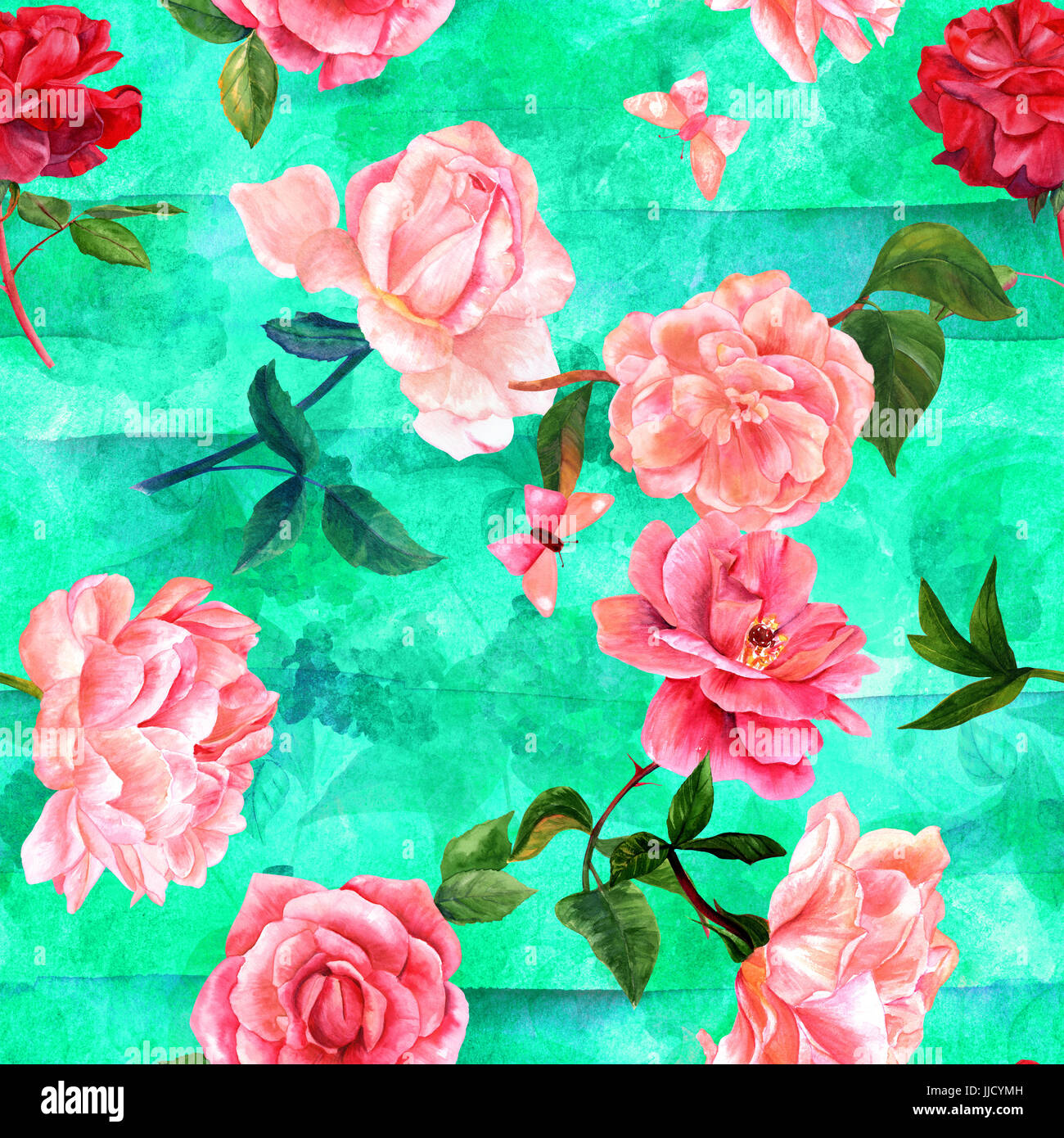 Seamless pattern of watercolor flowers and butterflies on green Stock ...