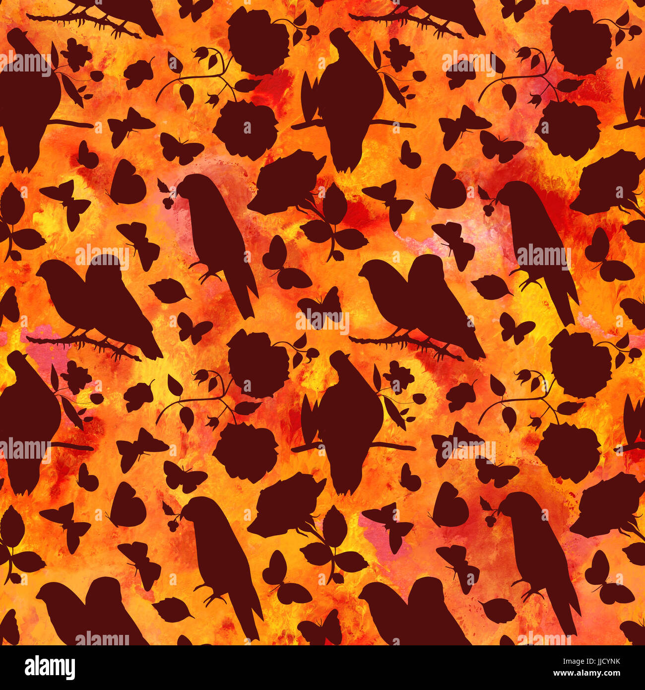 Golden seamless pattern with birds, roses, and butterflies Stock Photo ...