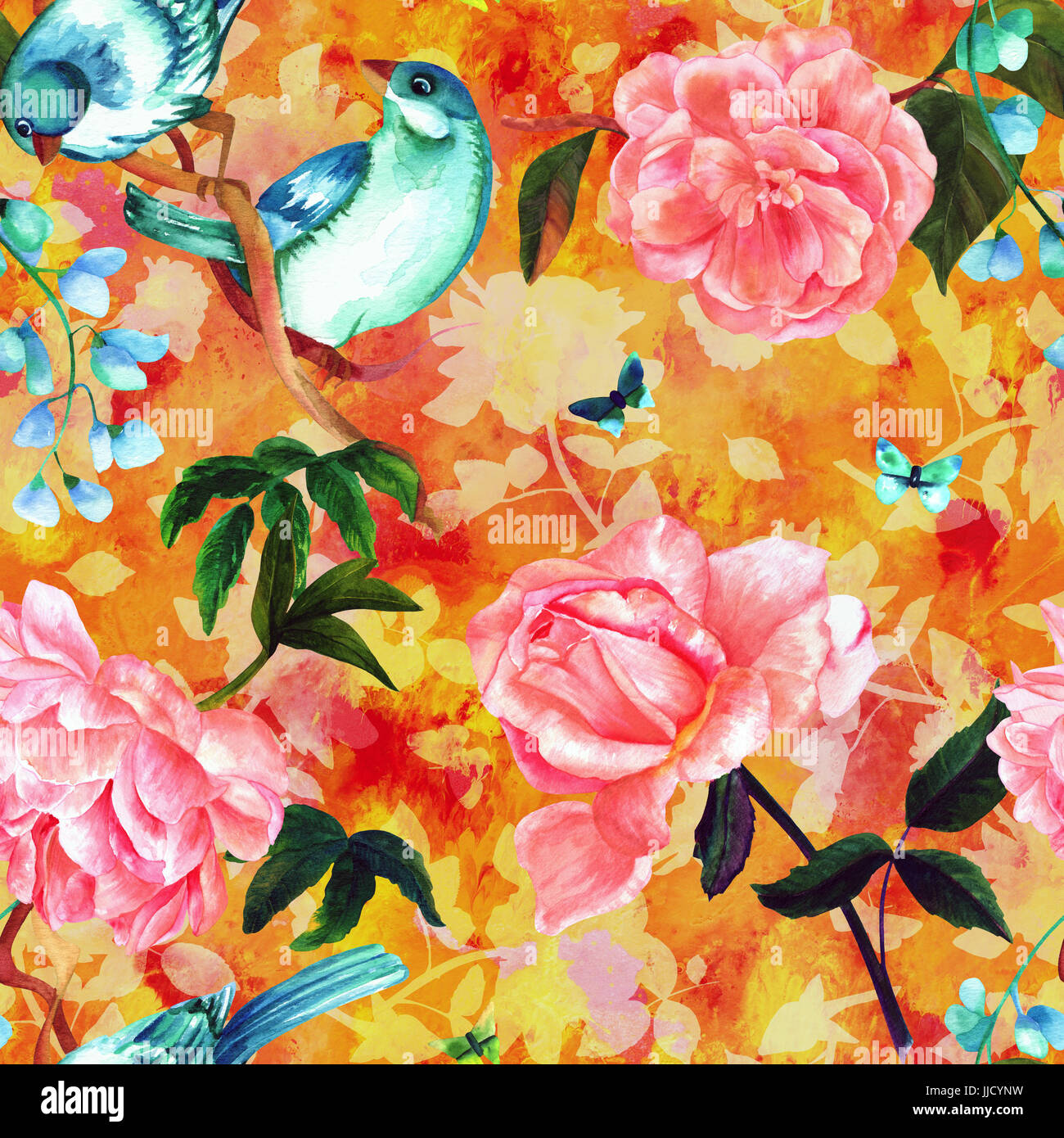 Seamless golden pattern with watercolor birds and roses Stock Photo - Alamy
