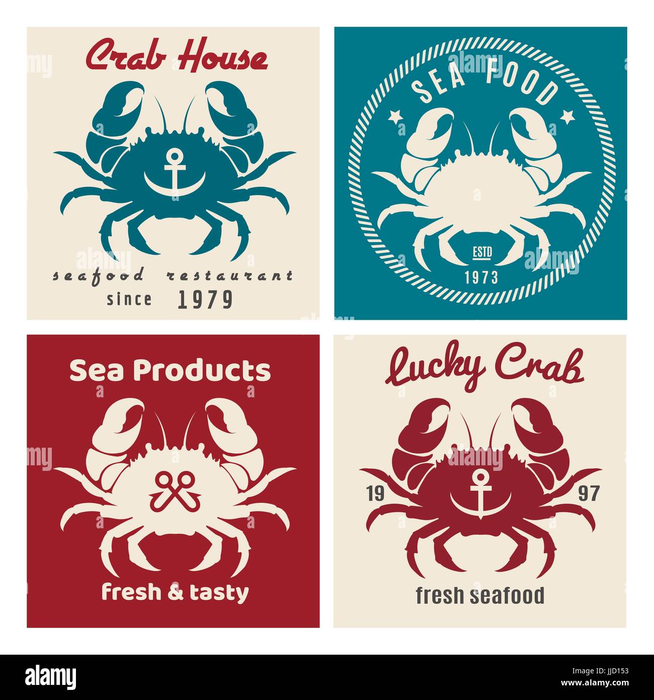 Set of retro seafood labels and signs. Vector illustration Stock Vector