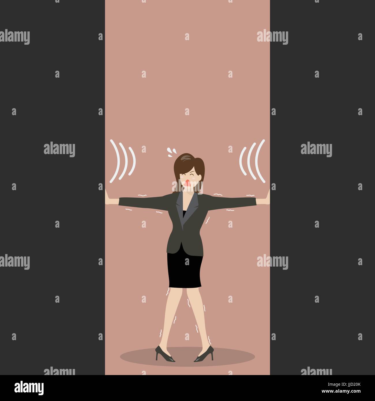 Business woman pushing against squeezing walls. Business stress concept Stock Vector