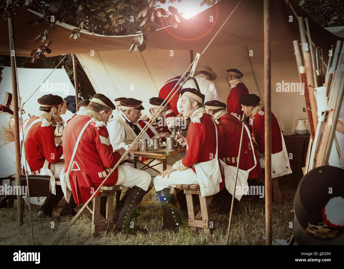 Napoleonic reenactment group taking a break Stock Photo