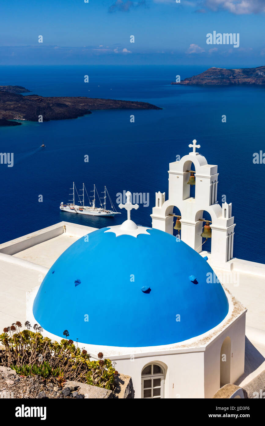 Three Bells of Fira with blue dome, Fira, Santorini, South Aegean, Greece Stock Photo