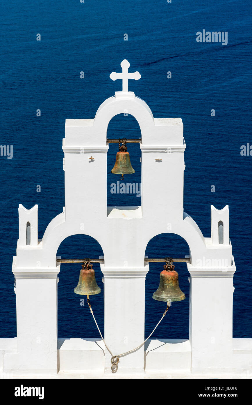 Three Bells of Fira, Fira, Santorini, South Aegean, Greece Stock Photo