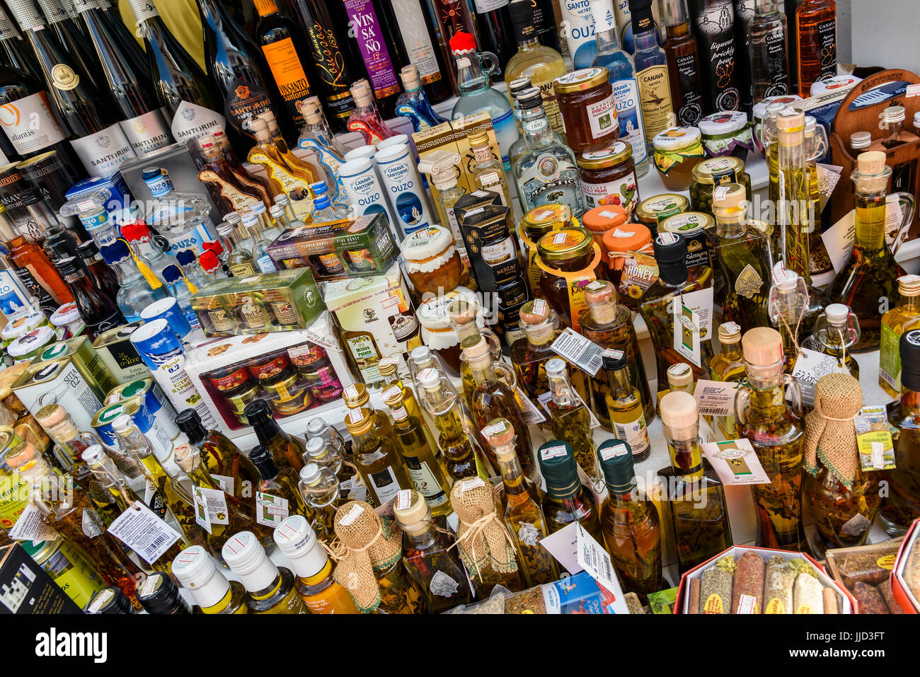 Typical local food products and wines on sale in a shop of Oia, Santorini, South Aegean, Greece Stock Photo