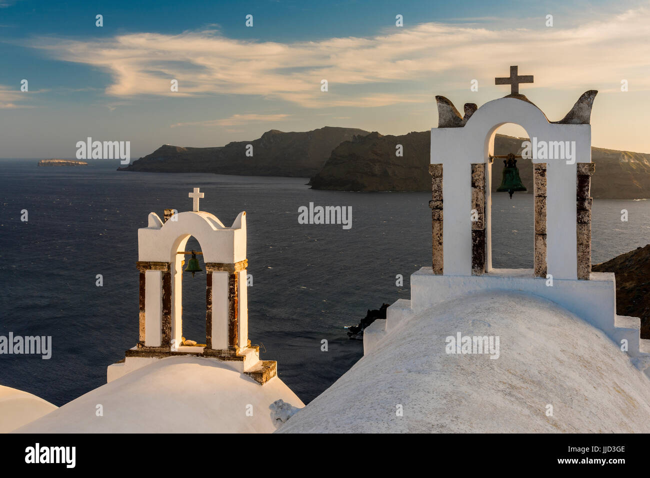 Traditional Greek belfries,  Oia, Santorini, South Aegean, Greece Stock Photo