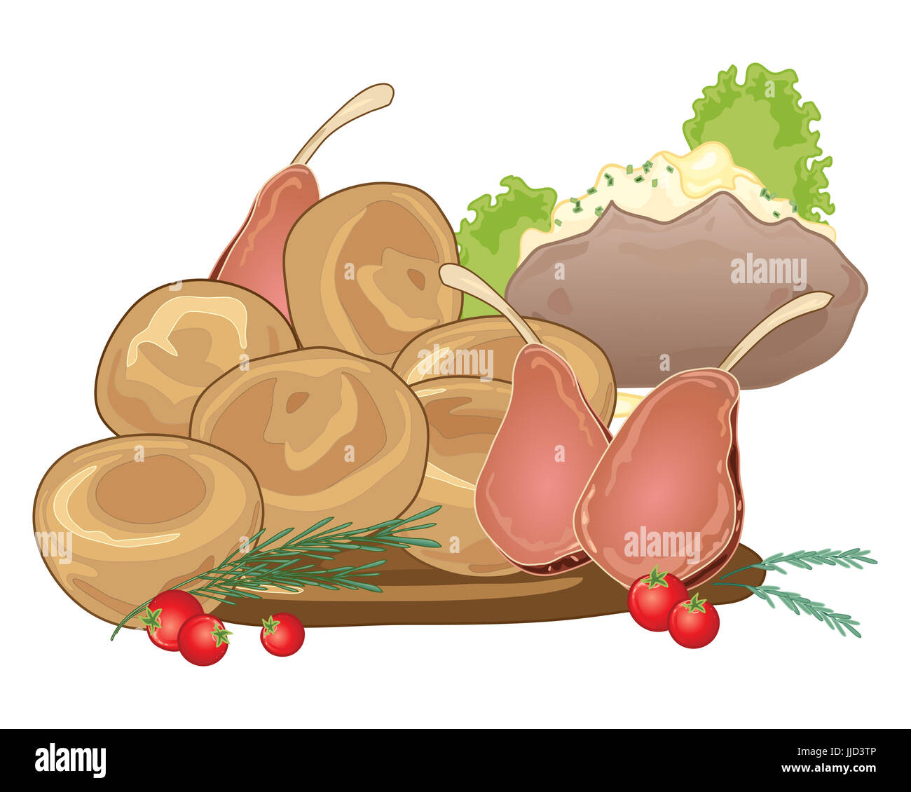 an illustration of a traditional sunday roast meal with yorkshire puddings rack of lamb and a baked potato on a white background Stock Photo