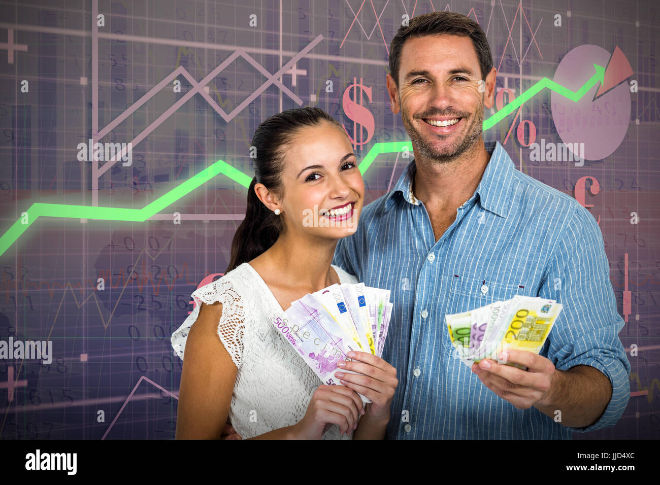 Young couple holding money against red arrow Stock Photo - Alamy