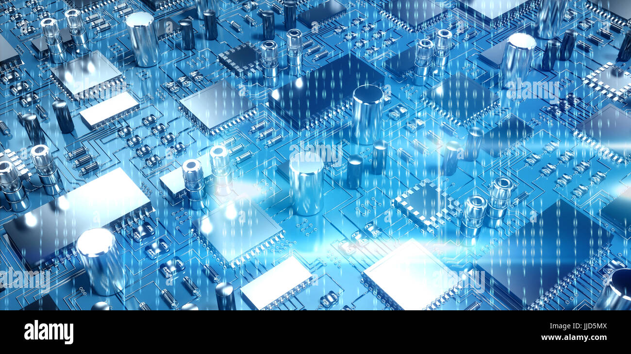 Blue technology interface with binary code against close up of circuit ...