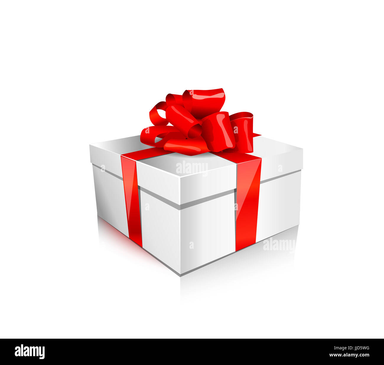 single packaged flat white gift box with satin red bow and ribbon isolated on white background Stock Photo