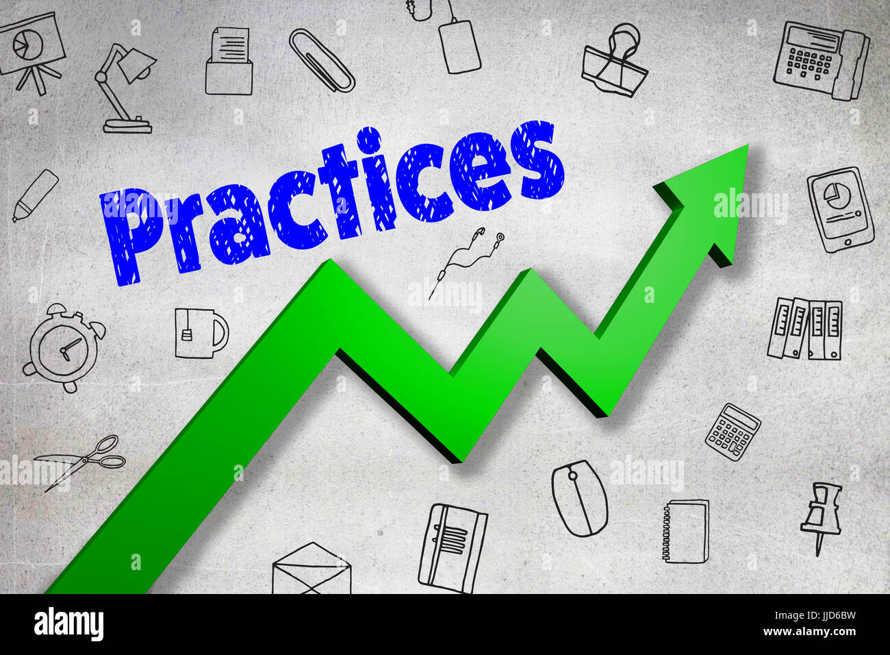 Digitally generated image of Practices text against black wall Stock ...