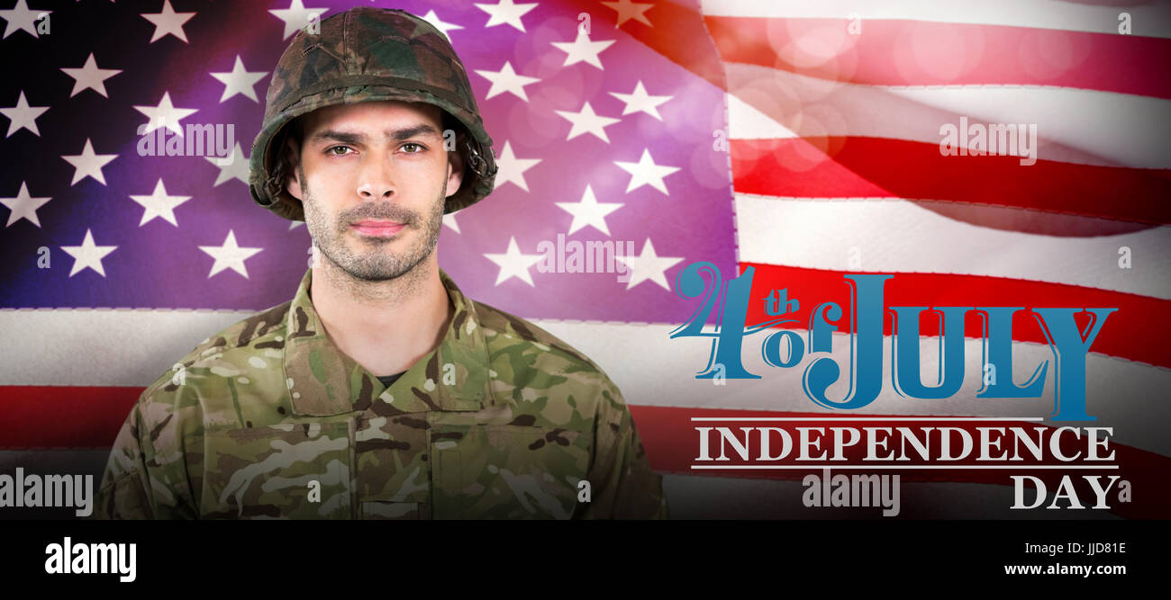 Soldier standing against white background against close-up of american ...