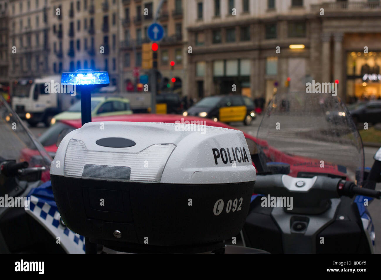 Spanish police car standing in the yard, Upper part with lights Stock Photo