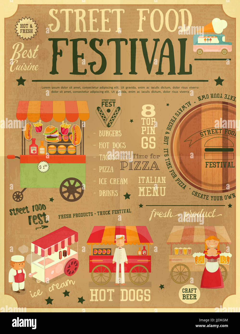 street food and fast food truck festival on vintage retro poster template JJDKGM