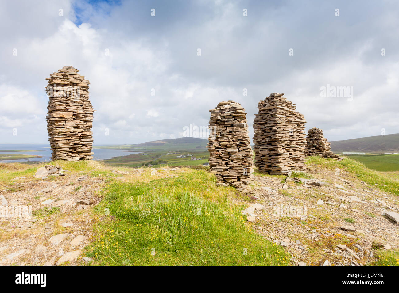 Modern built cairns or stone piles, Cuween Hill, Finstown, Orkney mainland Scotland UK Stock Photo