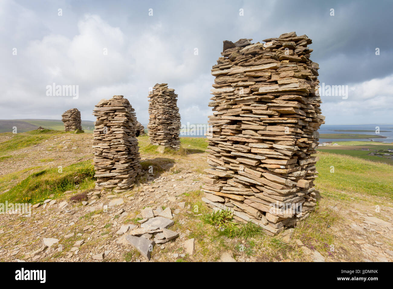 Modern built cairns or stone piles, Cuween Hill, Finstown, Orkney mainland Scotland UK Stock Photo