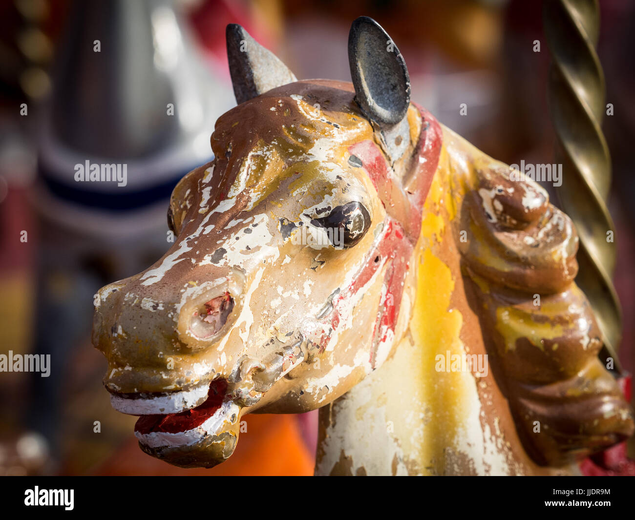 Fairground Carousel Horse detail, in the seaside resort of Llandudno, North Wales, UK Stock Photo