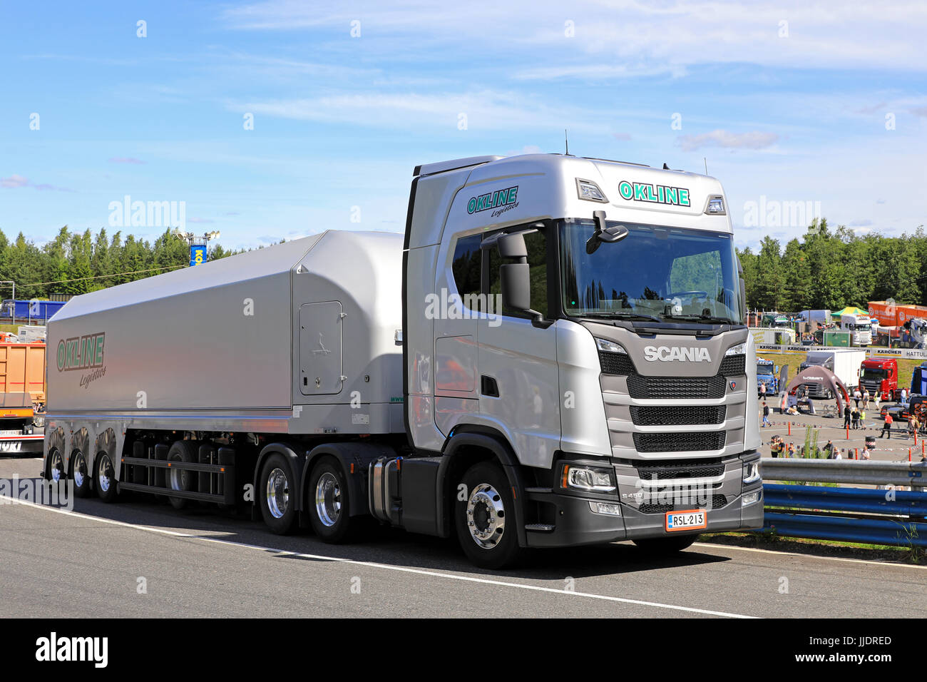 HAMEENLINNA, FINLAND - JULY 15, 2017: Next Generation Scania R450 semi trailer for Float Glass Transport of OKLine Logistics on Tawastia Truck Weekend Stock Photo